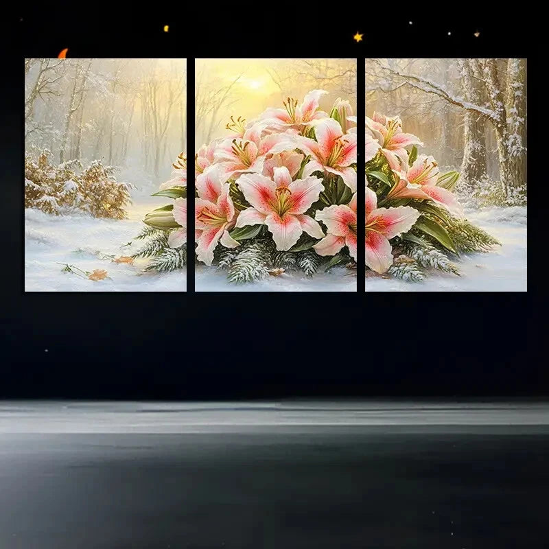 3pcs Vibrant Lily Flowers in the Snow Metal Print Ready to Hang Art