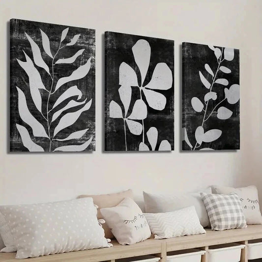3pcs Black and White Abstract Leaf Botanical Wall Art Set Canvas Framed 50x70cm - High Quality Print 100% Australian Made Wall Canvas Ready to Hang