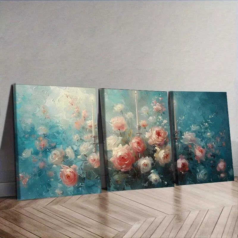 3pcss There Are Flowers On The Candelabra Wall Art Set Canvas Framed 40x60cm - High Quality Print 100% Australian Made Wall Canvas Ready to Hang