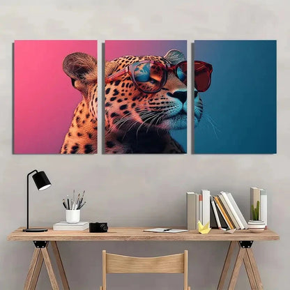 3pcs Vibrant Leopard Pink & Blue Fashion Glasses Metal Print Ready to Hang Art