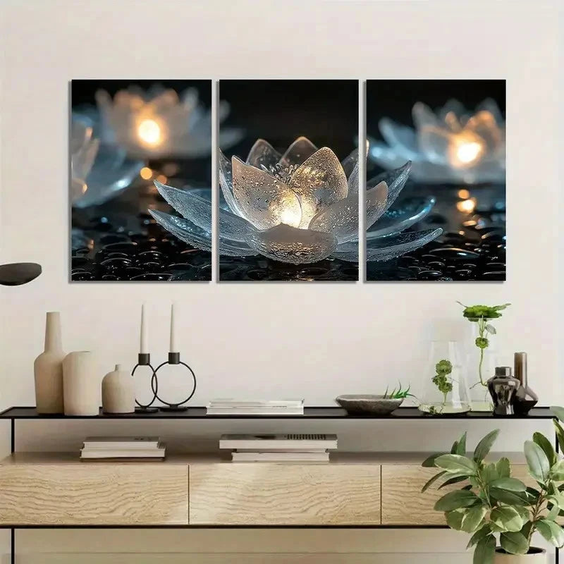 3pcs Glowing for Lotus Flowers in Glass Metal Print Ready to Hang Art