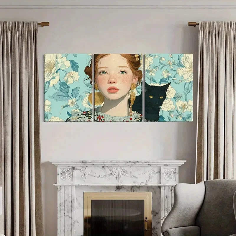 3pcs Woman Portrait Black Cat Floral Background Metal Print Ready to Hang Art