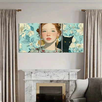 3pcs Woman Portrait Black Cat Floral Background Metal Print Ready to Hang Art
