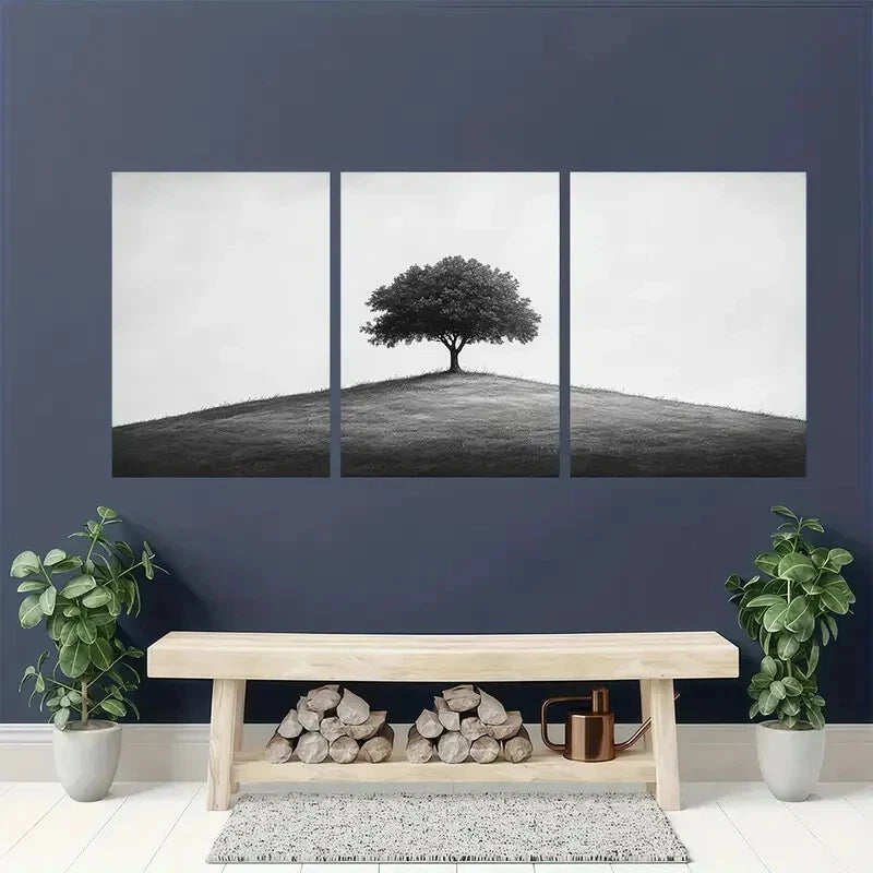 3pcs Black and White Sketch Tree Landscape Metal Print Ready to Hang Art