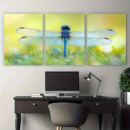 3pcs Stunning Blue Clear Dragonfly on Grass Metal Print Ready to Hang Art