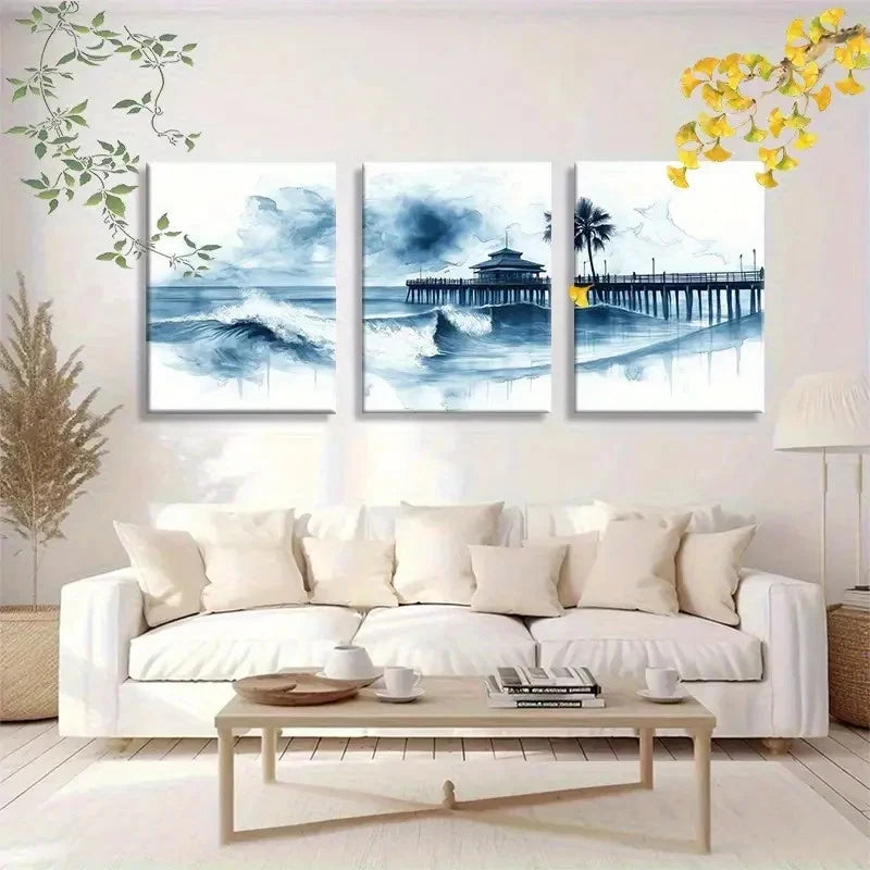 3pcs Palm Trees Surfing Waves and Pier Scene Metal Print Ready to Hang Art
