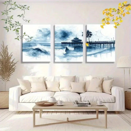 3pcs Palm Trees Surfing Waves and Pier Scene Metal Print Ready to Hang Art
