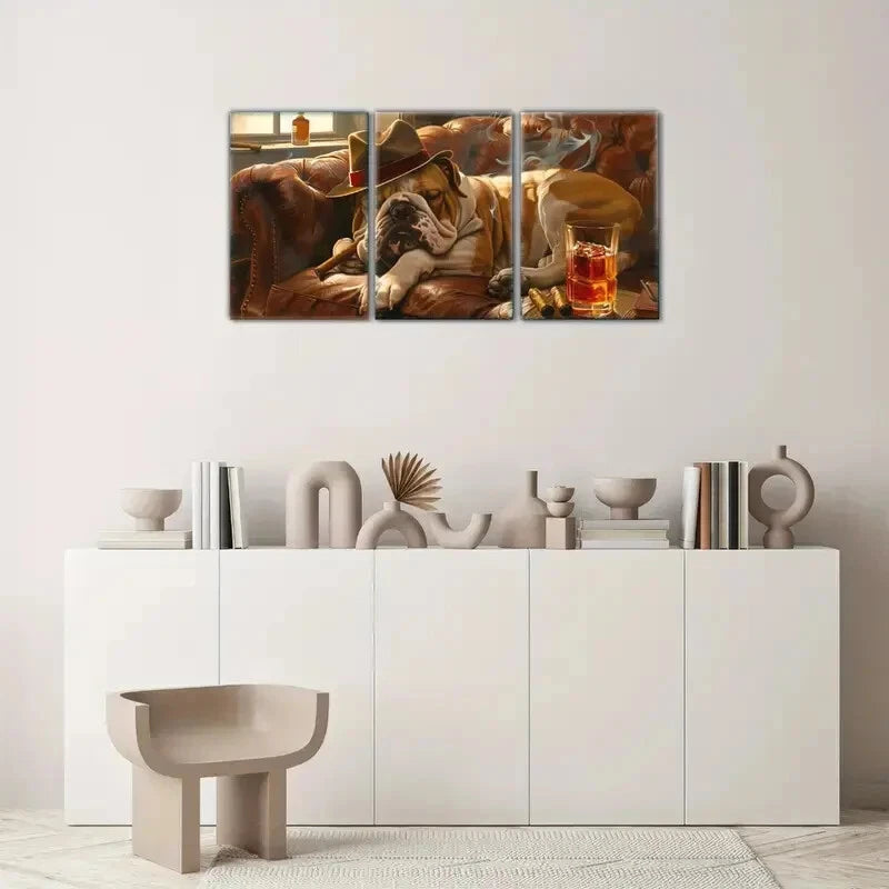 3pcs English Bulldog Illustrations Humorous Dog Metal Print Ready to Hang Art