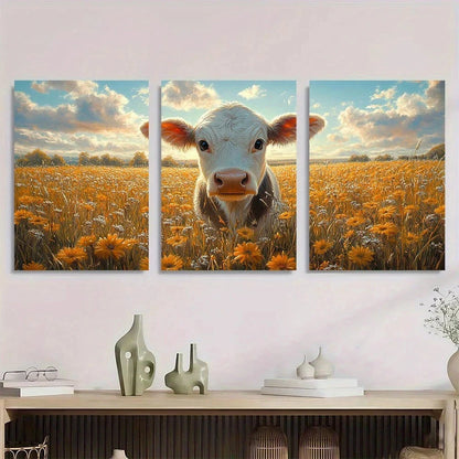 3pcs Adorable Cow Serene Sunset Meadow Metal Print Ready to Hang Art