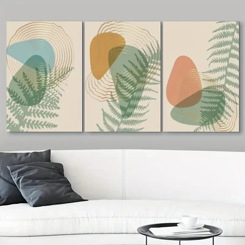 3pcs Abstract Botanical Green Leaves Orange Metal Print Ready to Hang Art