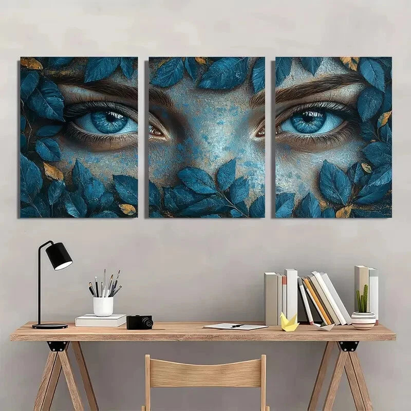 3pcs Mystical Blue Eyed Woman Leaf & Flower Metal Print Ready to Hang Art