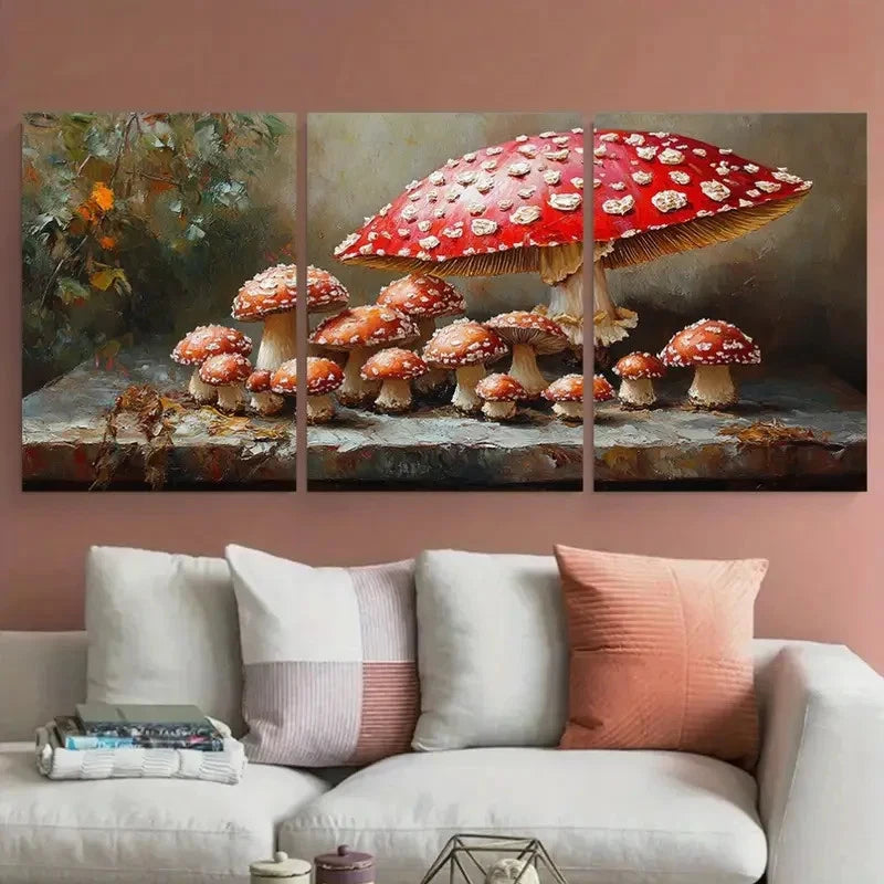 3pcs Nature Still Life False Parasol Mushrooms Metal Print Ready to Hang Art