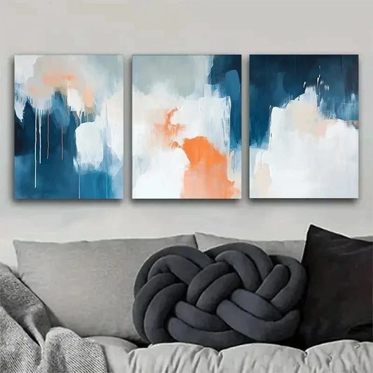 3pcs Blue Orange & White Modern Abstract Wall Art Set Canvas Framed 50x70cm - High Quality Print 100% Australian Made Wall Canvas Ready to Hang