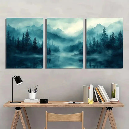 3pcs Foggy Forest Landscape Watercolor Art Metal Print Ready to Hang Art