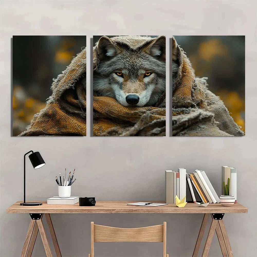 3pcs Wolf Woven Throw Blanket Earthy Metal Print Ready to Hang Art