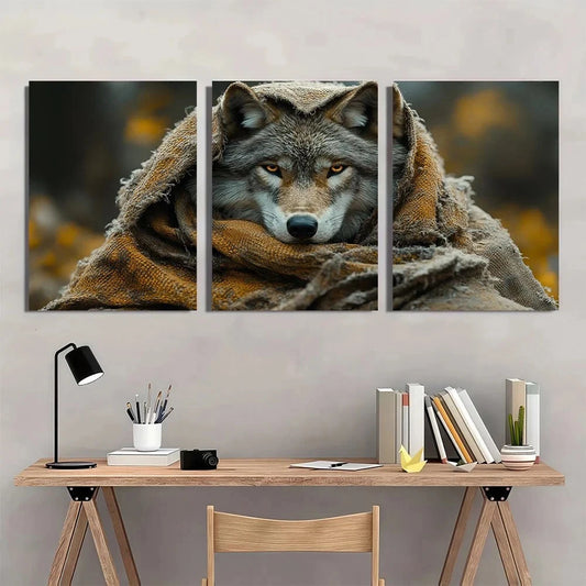 3pcs Wolf Woven Throw Blanket Earthy Metal Print Ready to Hang Art