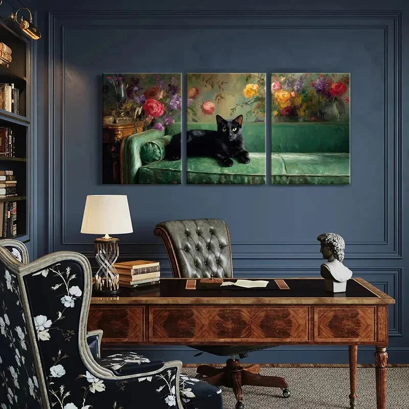 3pcs Black Cat on Green Sofa with Vibrant Floral Metal Print Ready to Hang Art