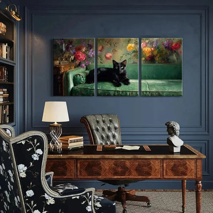 3pcs Black Cat on Green Sofa with Vibrant Floral Metal Print Ready to Hang Art