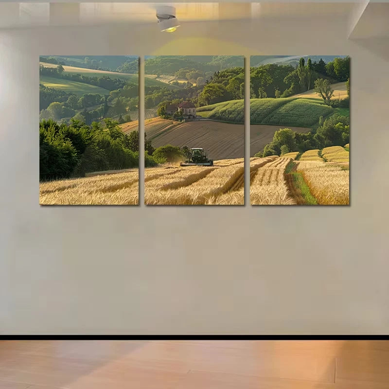3pcs Golden Valley Harvest Scene with Tractor Wall Art Set Canvas Framed 60x90cm - High Quality Print 100% Australian Made Wall Canvas Ready to Hang