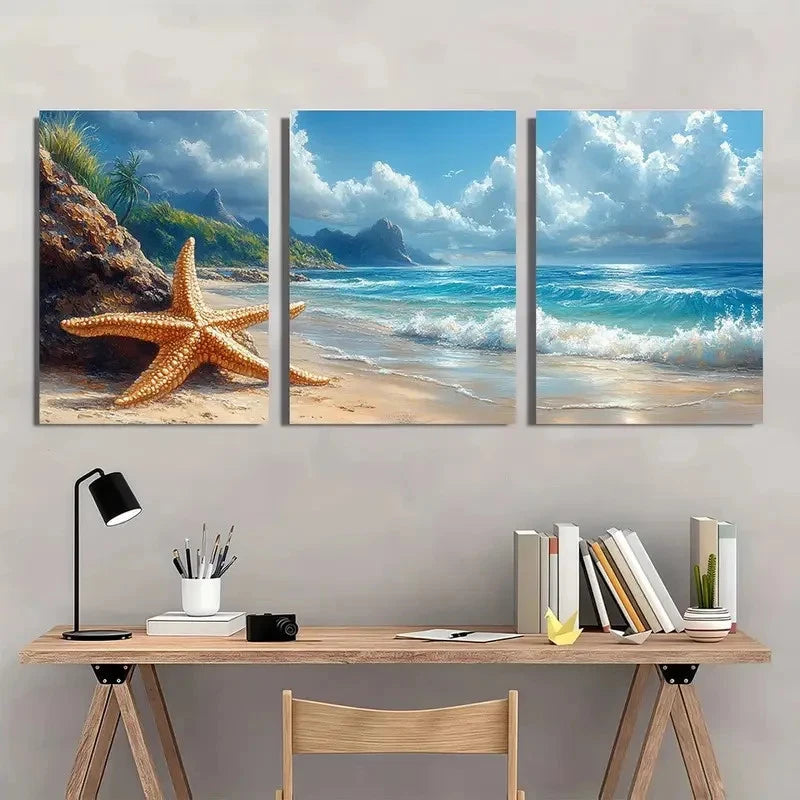 3pcs Coastal Sea Turtle & Starfish Beach Sunset Wall Art Set Canvas Framed 50x70cm - High Quality Print 100% Australian Made Wall Canvas Ready to Hang
