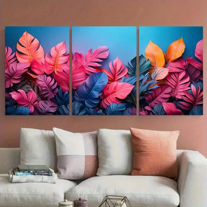 3pcs Exotic Leaves Blue Pink Gradient Background Metal Print Ready to Hang Art