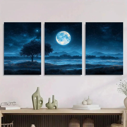 3pcs Black Moonlit Mountain Tree Silhouettes Metal Print Ready to Hang Art