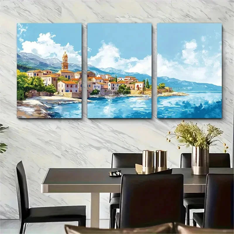 3pcs Vibrant Greek Island Scenery Blue Waters Metal Print Ready to Hang Art
