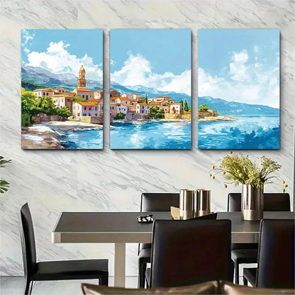 3pcs Vibrant Greek Island Scenery Blue Waters Metal Print Ready to Hang Art