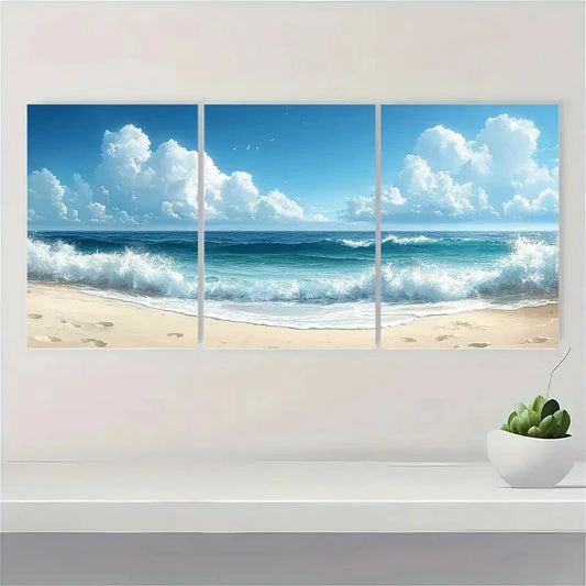 3pcs Ocean Beach Watercolor Paintings Calm Sea Metal Print Ready to Hang Art