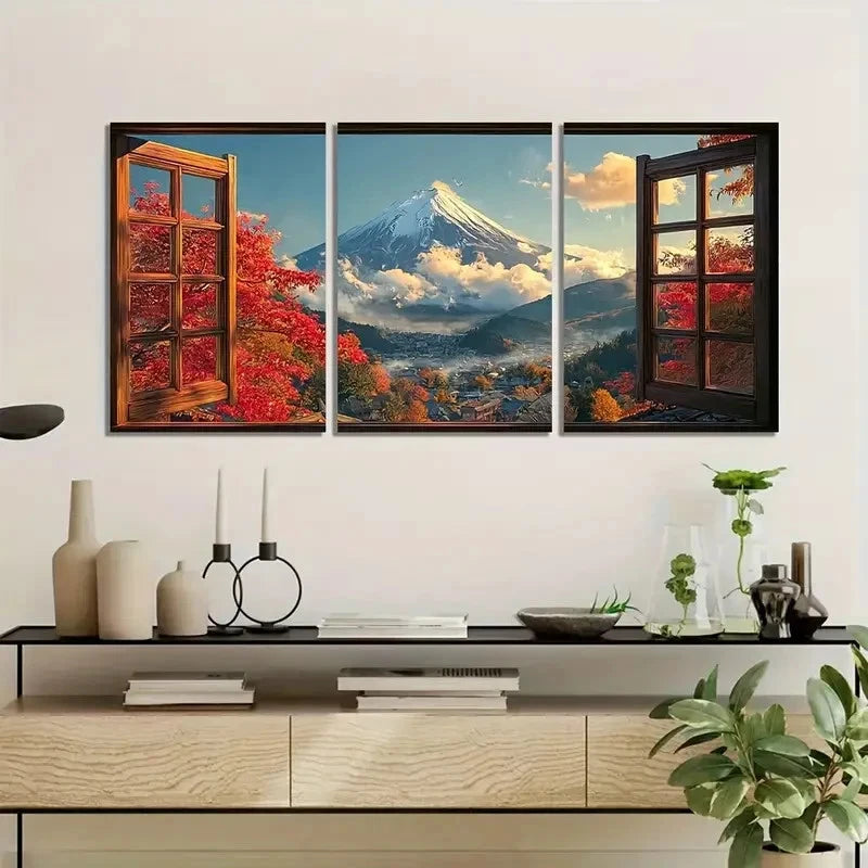 3pcs Open Window with Mount Fuji Painting Metal Print Ready to Hang Art