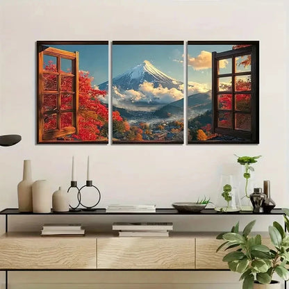 3pcs Open Window with Mount Fuji Painting Metal Print Ready to Hang Art