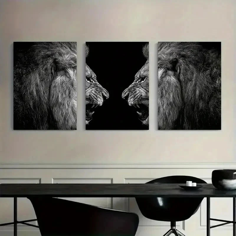 3pcs Angry Lions Dramatic Lighting Black Metal Print Ready to Hang Art