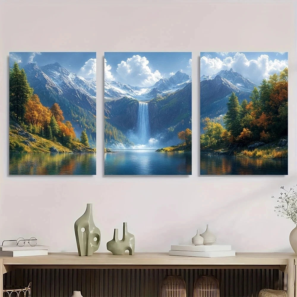 3pcs Mountain Waterfall & Lake Autumn Scenery Metal Print Ready to Hang Art