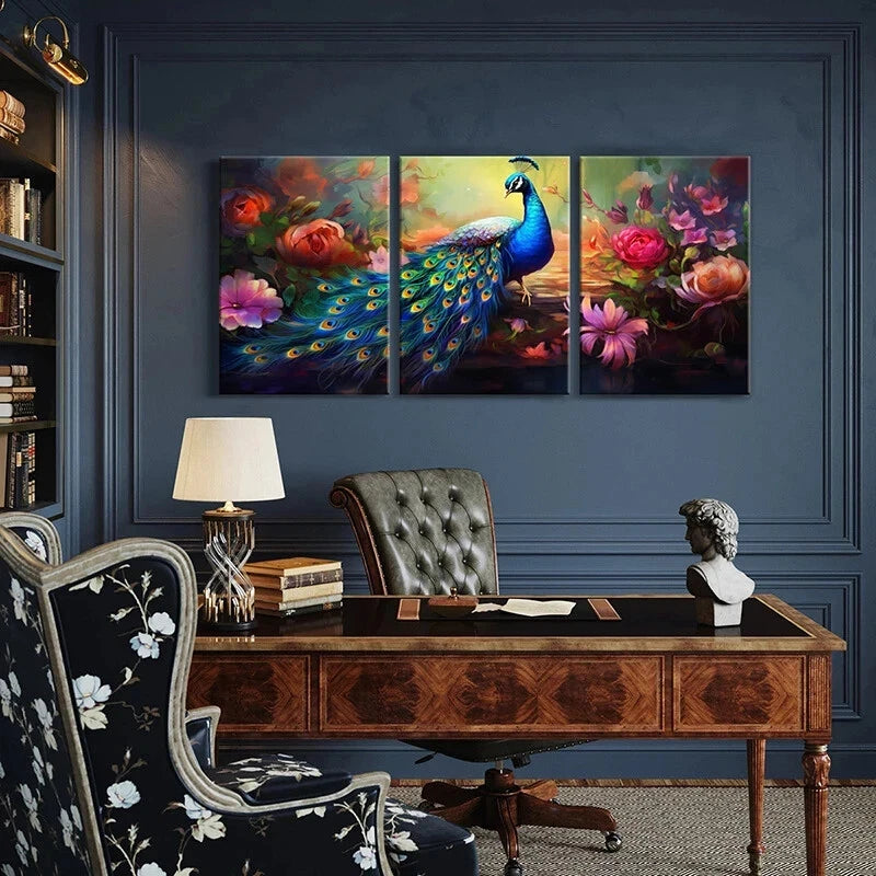 3pcs Vibrant Peacock & Floral Vintage Metal Print Ready to Hang Art