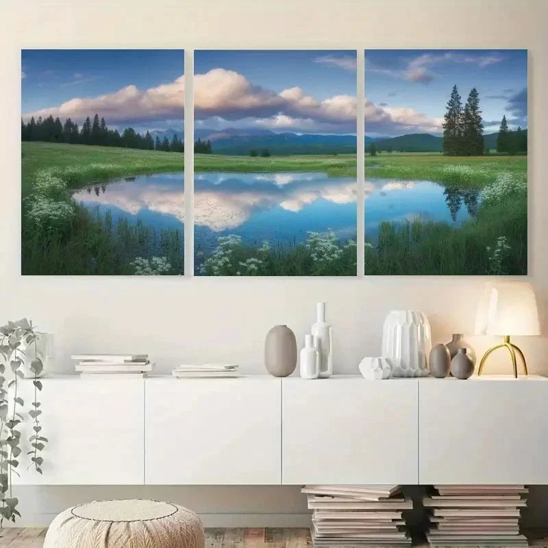 3pcs White Flowers Green Meadow Mountain Metal Print Ready to Hang Art