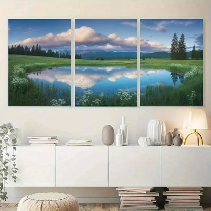 3pcs White Flowers Green Meadow Mountain Metal Print Ready to Hang Art