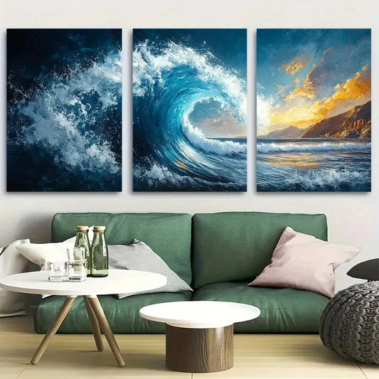 3pcs Dynamic Wave Coastal Abstract Ocean Inspired Metal Print Ready to Hang Art