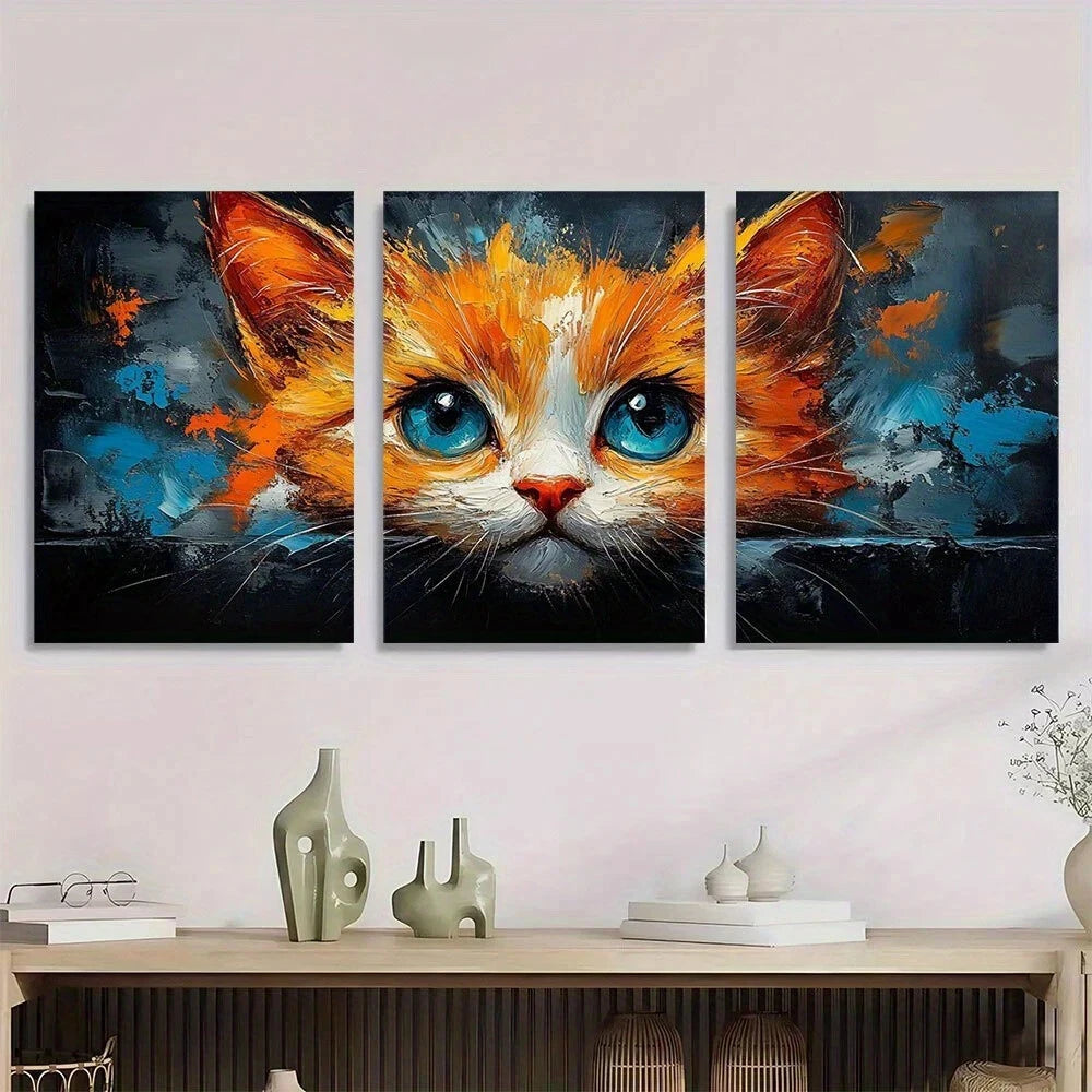 3pcs Vibrant Cat Blue & Orange Abstract Metal Print Ready to Hang Art