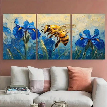 3pcs Iris Flowers Meadow with Honeybee Metal Print Ready to Hang Art