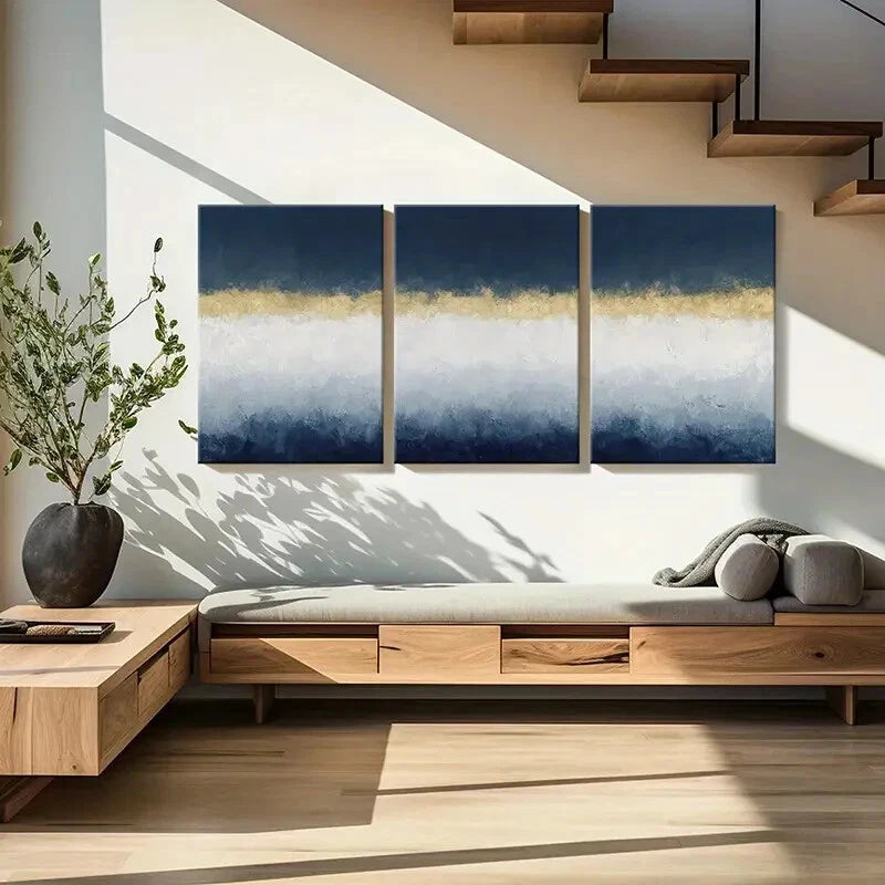 3pcs Abstract Art Golden Accent White Waves Metal Print Ready to Hang Art