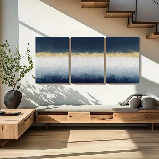 3pcs Abstract Art Golden Accent White Waves Metal Print Ready to Hang Art