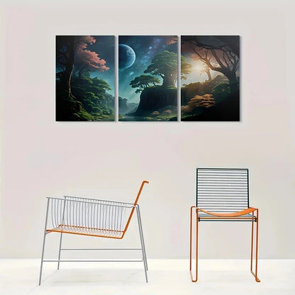 3pcs Fantasy Forest Moon and Stars Night Sky Metal Print Ready to Hang Art