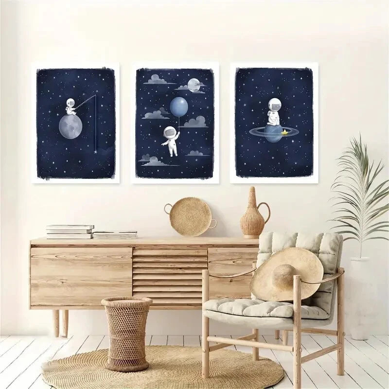 3pcs Astronaut Space Art Blue Moon & Stars Metal Print Ready to Hang Art