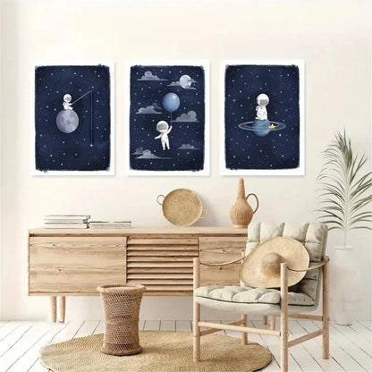 3pcs Astronaut Space Art Blue Moon & Stars Metal Print Ready to Hang Art