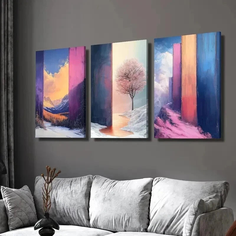 3pcs Cherry Blossoms & Color Block Graffiti Wall Art Set Canvas Framed 50x70cm - High Quality Print 100% Australian Made Wall Canvas Ready to Hang