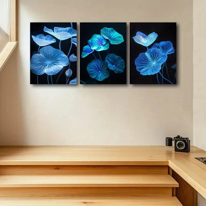 3pcs Blue Glowing Lotus leaves Metal Print Ready to Hang Art