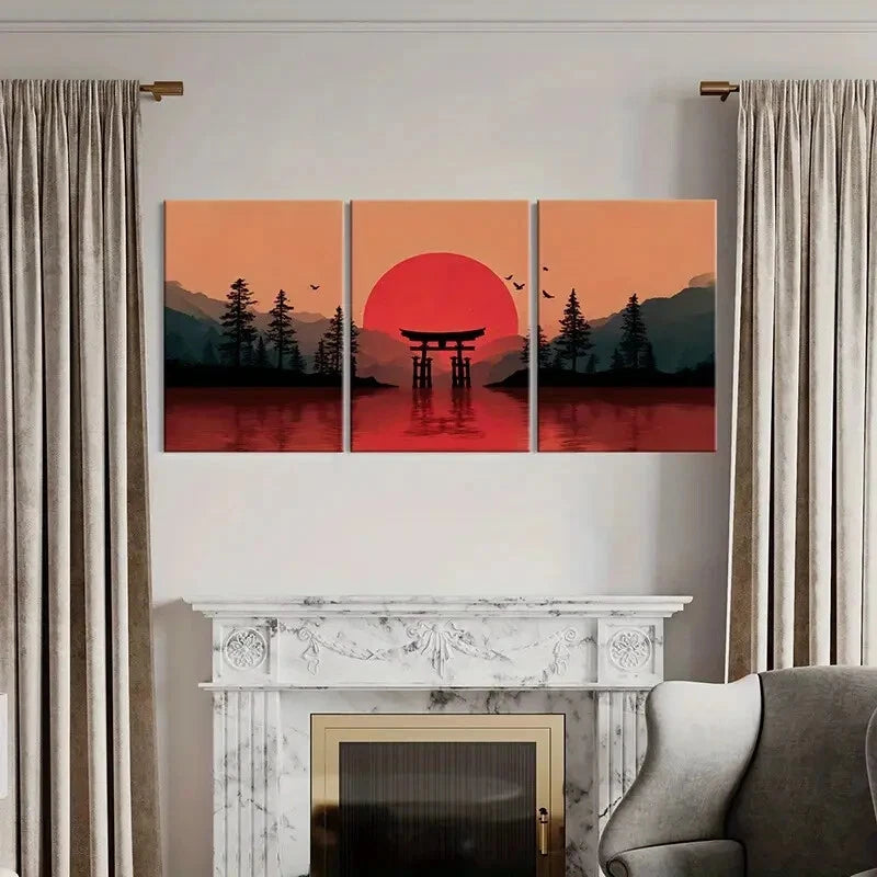 3pcs Sunset Torii Gate Silhouette Mountain Lands Metal Print Ready to Hang Art