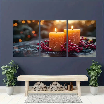 3pcs Festive Candle Christmas Candlelight Design Metal Print Ready to Hang Art
