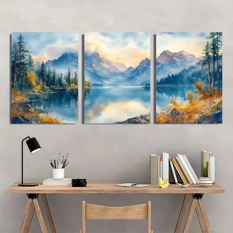 3pcs Columbia River Watercolor Landscape Scenery Metal Print Ready to Hang Art