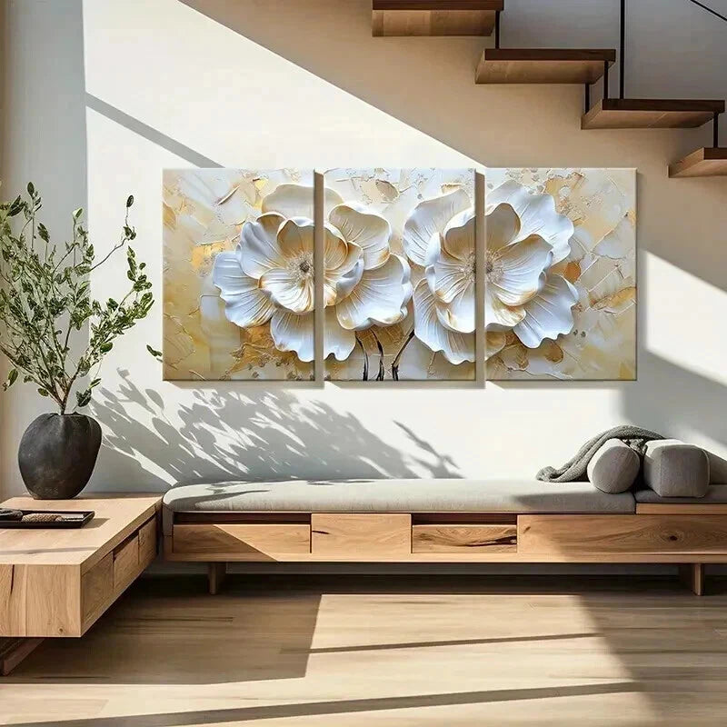 3pcs Golden Blossoms Elegant Petal Wall Art Set Canvas Framed 40x60cm - High Quality Print 100% Australian Made Wall Canvas Ready to Hang